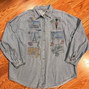 Vintage Denim Button down Shirt with Glitter Europe USA  travel scenes size 3X